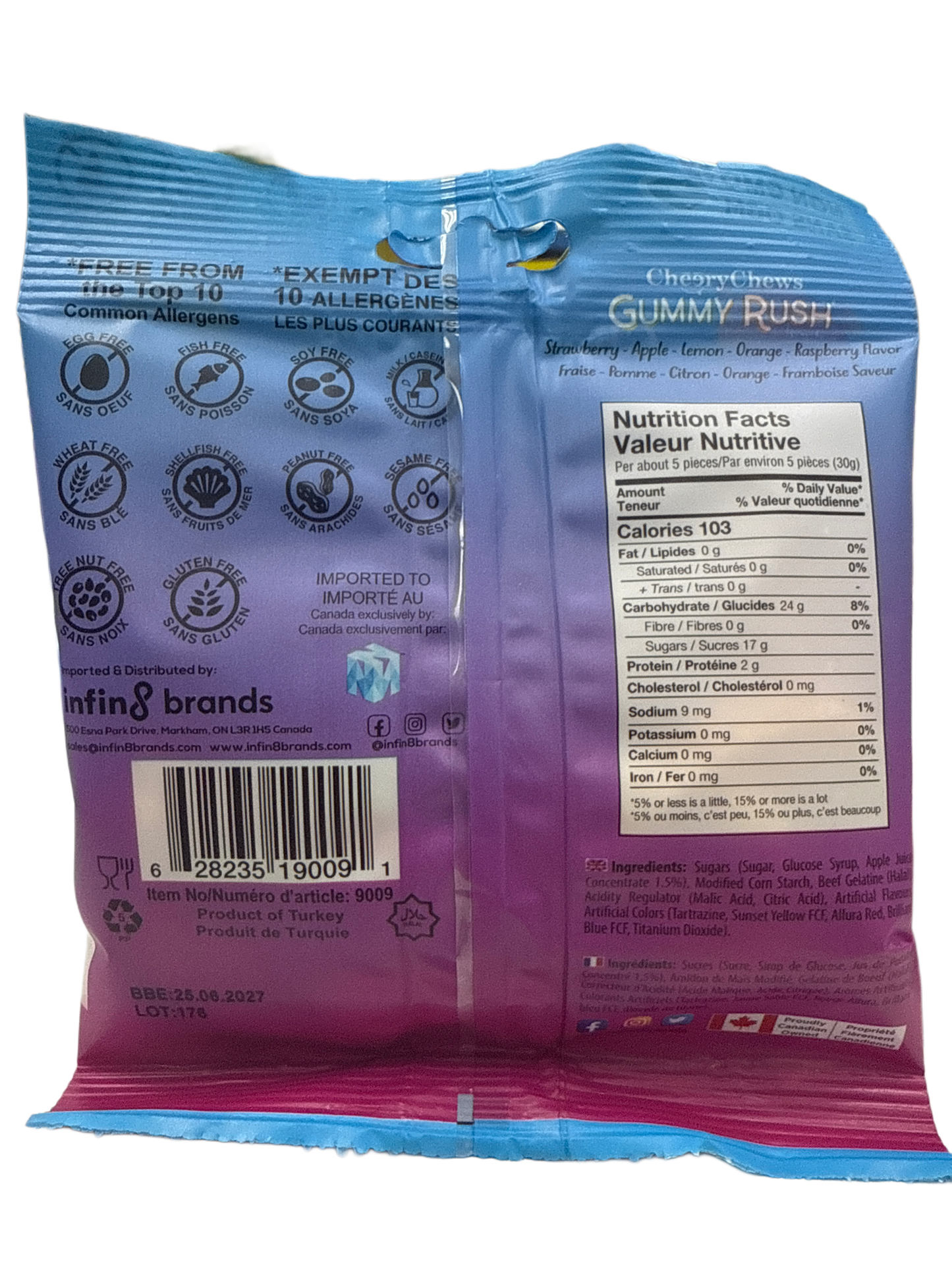 Bonbons vers néon Gummy Rush 90G - Édition canadienne