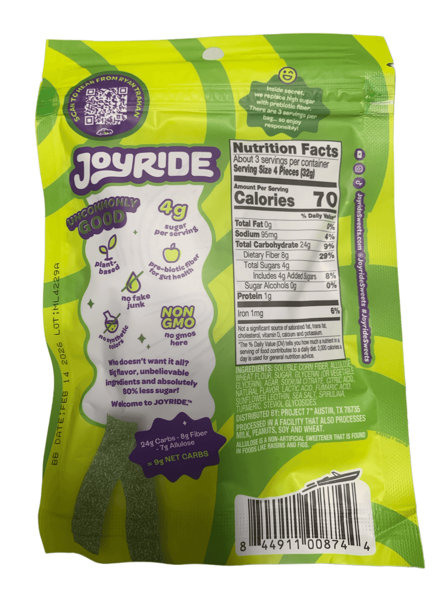 Ryan Trahan's Joyride Plant Based Sour Green Apple Strips Candy 99G U.S Edition