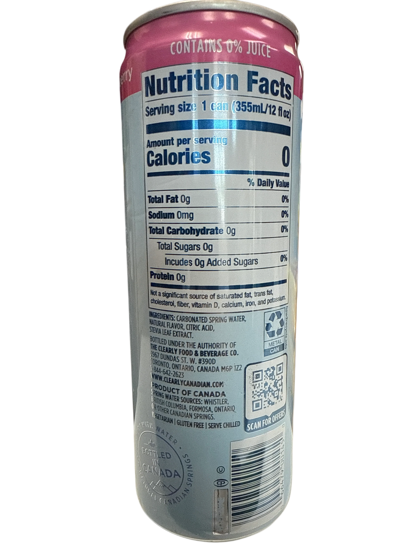 Clearly Canadian Zero Sugar Country Raspberry Flavour 355ML - Canadian Edition