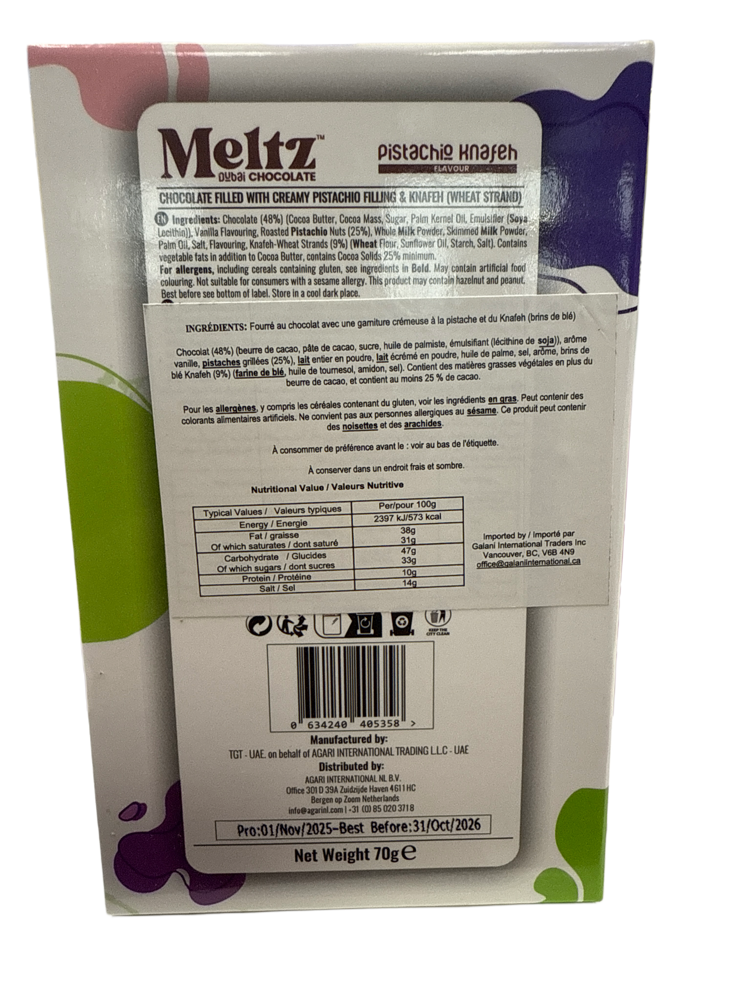 Meltz Meltabubu Pistache Knafeh Chocolat 70G - Édition EAU