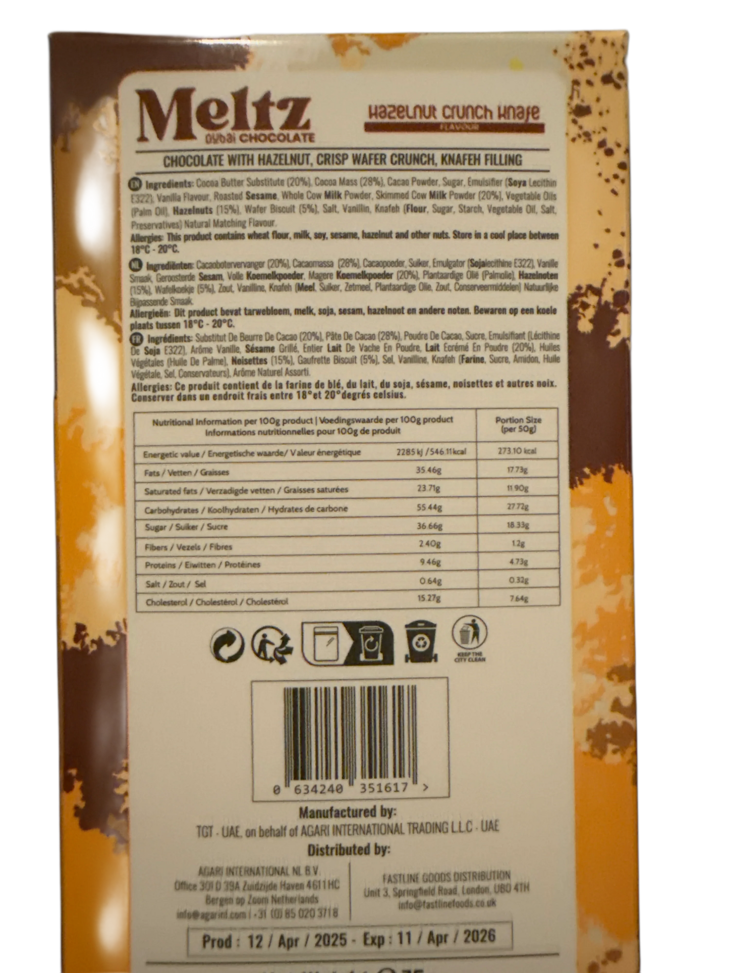 Meltz Dubai Chocolate Hazelnut Crunch Knafeh Flavour 75G - Dubai Edition