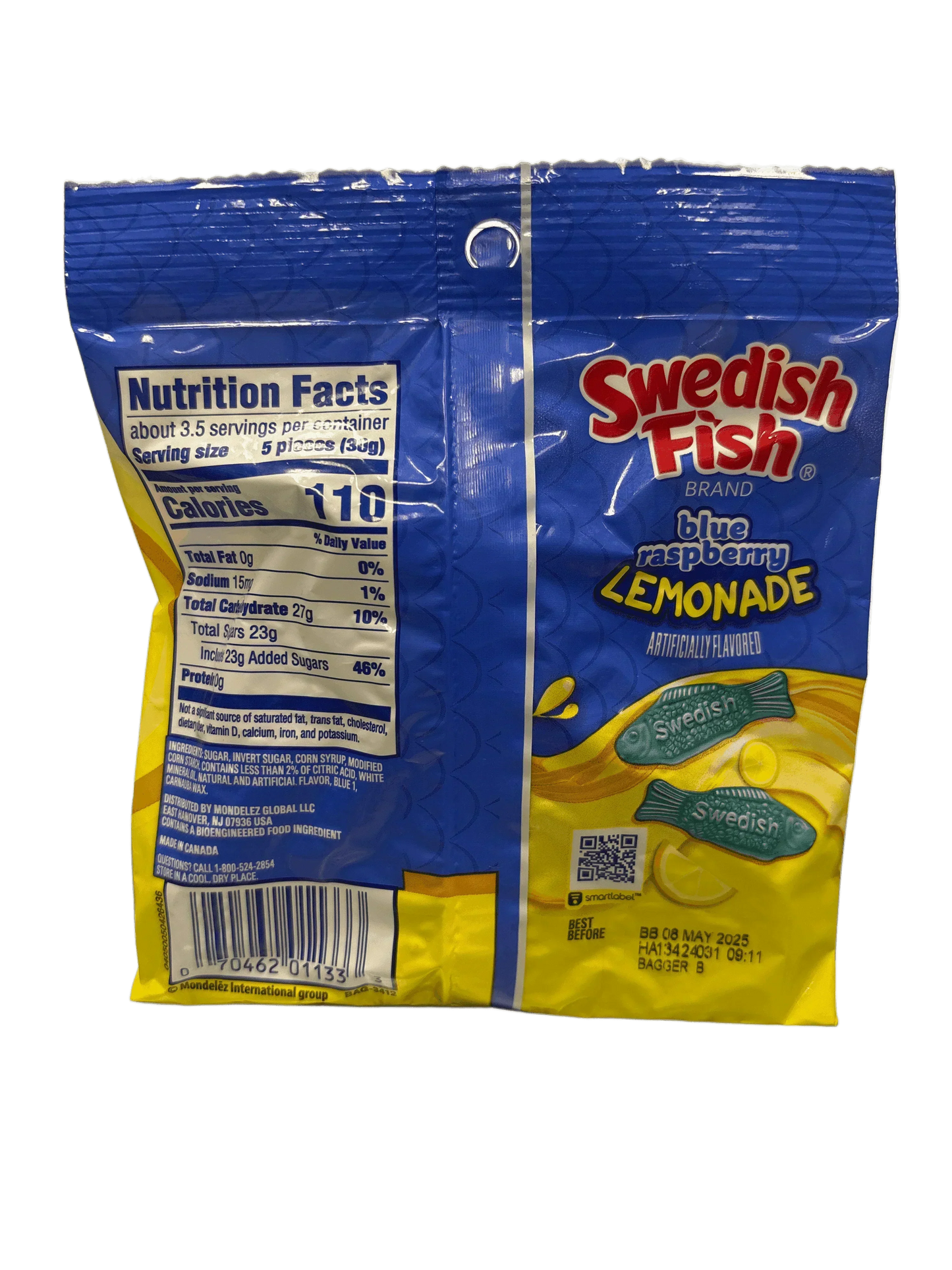 Sachet de bonbons à la limonade et à la framboise bleue au poisson suédois