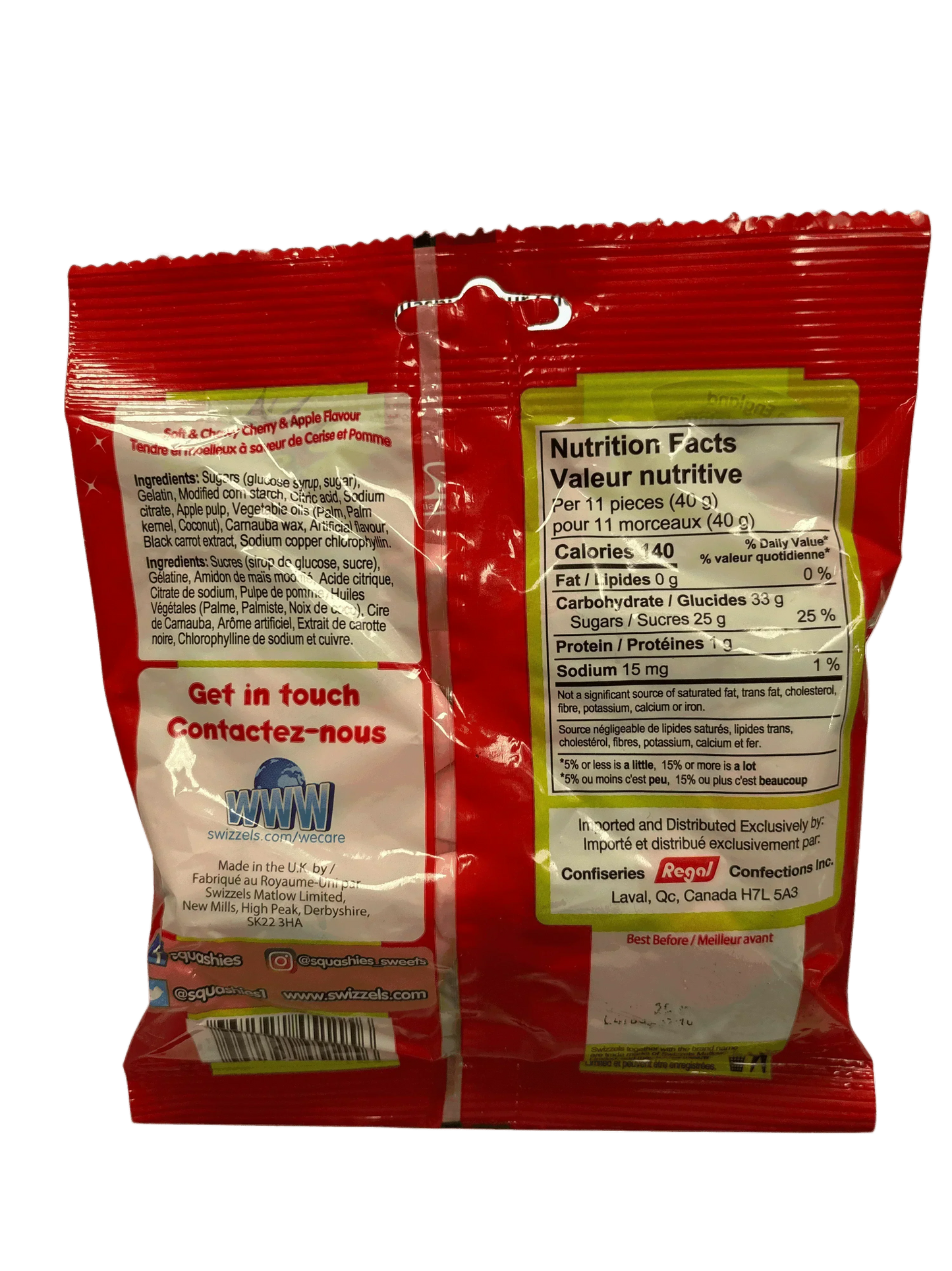 Bolsa de caramelos Squashies sabor cereza ácida y manzana 160G - Edición Reino Unido