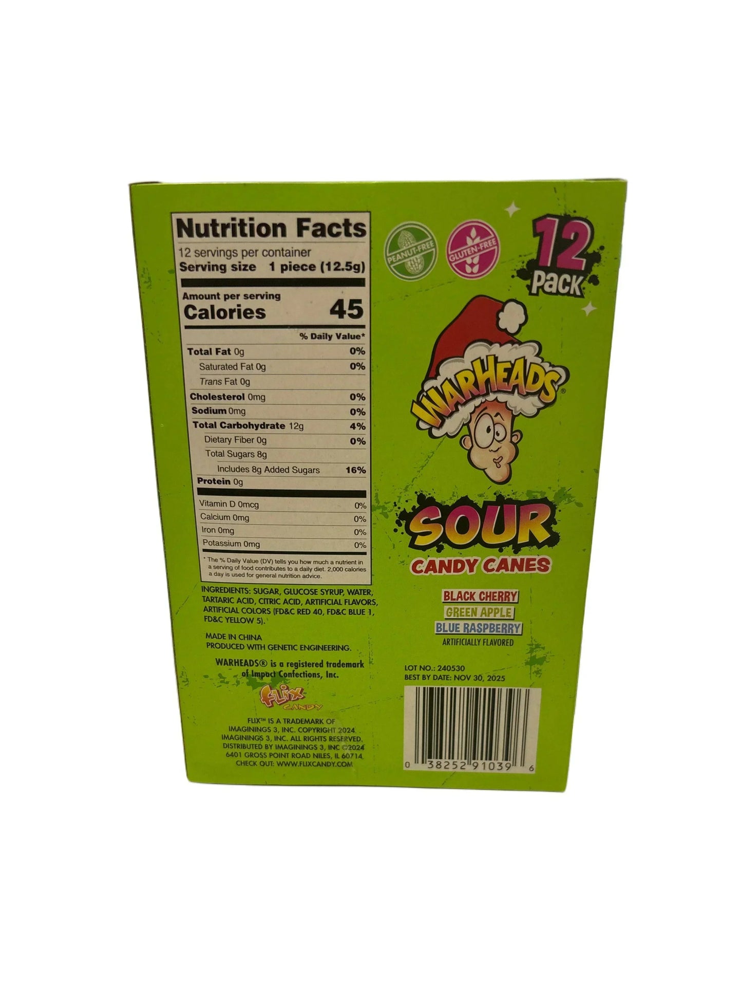 Warheads Sour Candy Cane Fruity Flavors - 12 Pack U.S Edition