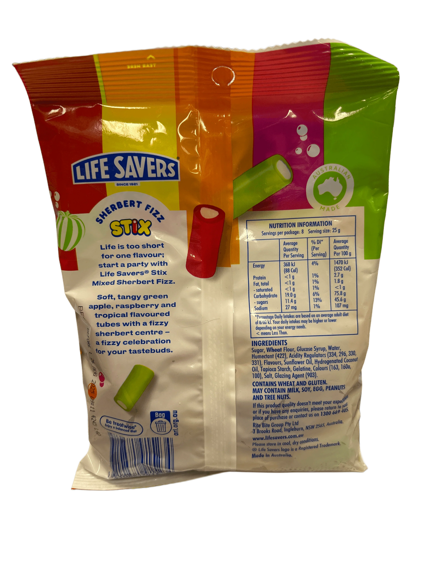 Life Savers Mixed Sherbert Fizz Stix Bag 200G - Australian Edition