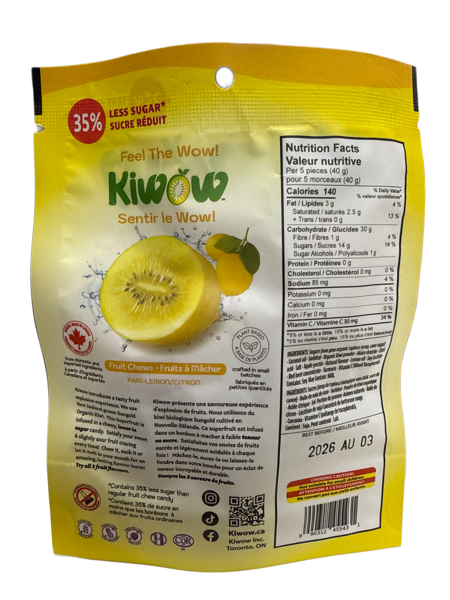 Kiwow Nutritional Kiwi Chews Lemon Flavour 50G - Canadian Edition