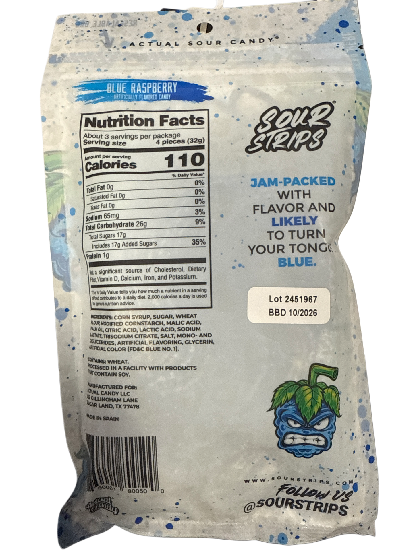 Sour Strips Blue Raspberry 3.40OZ - U.S Edition