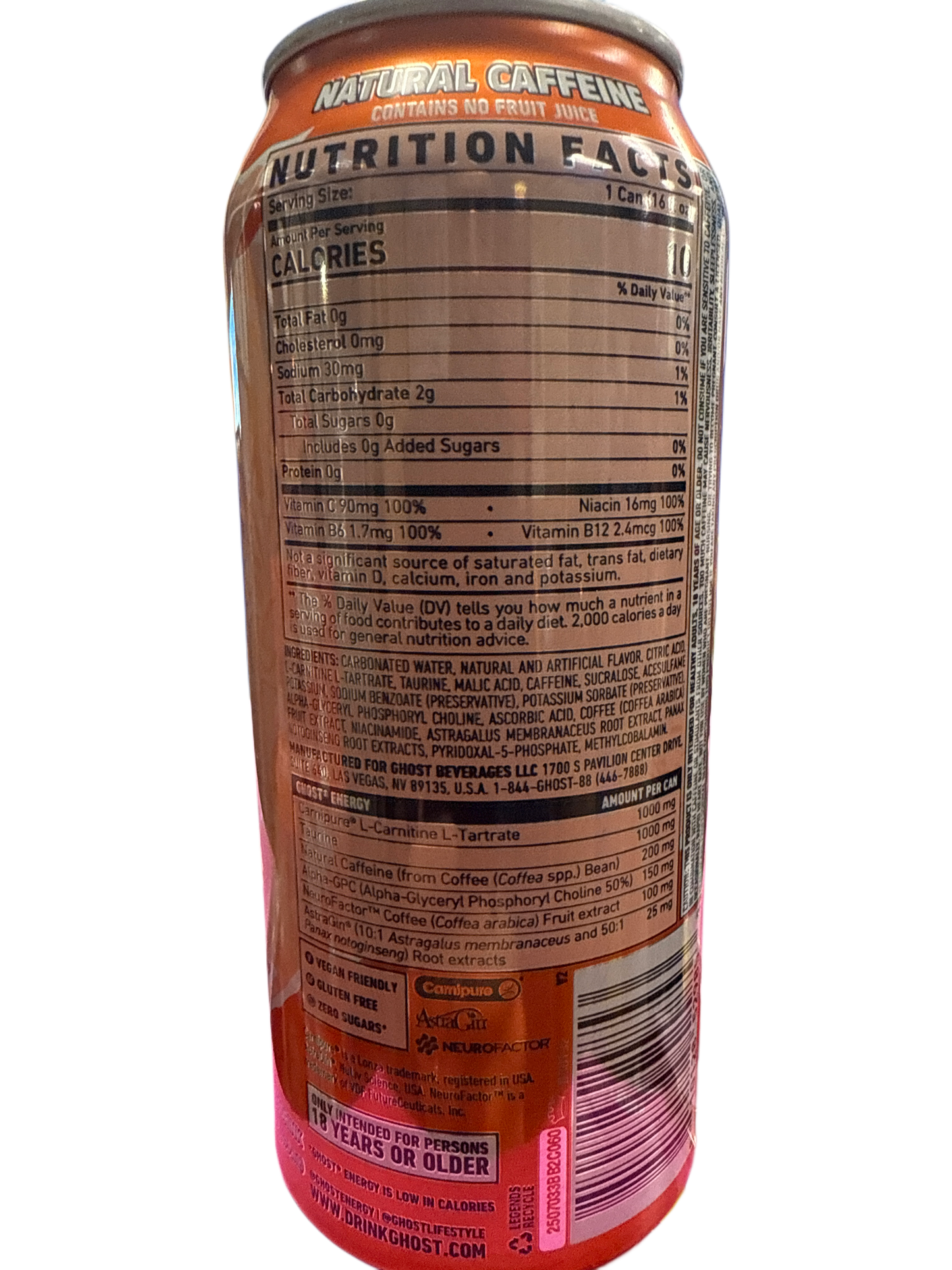 Bebida Energética Ghost Zero Azúcar Duraznos 473ML - Edición EE. UU.