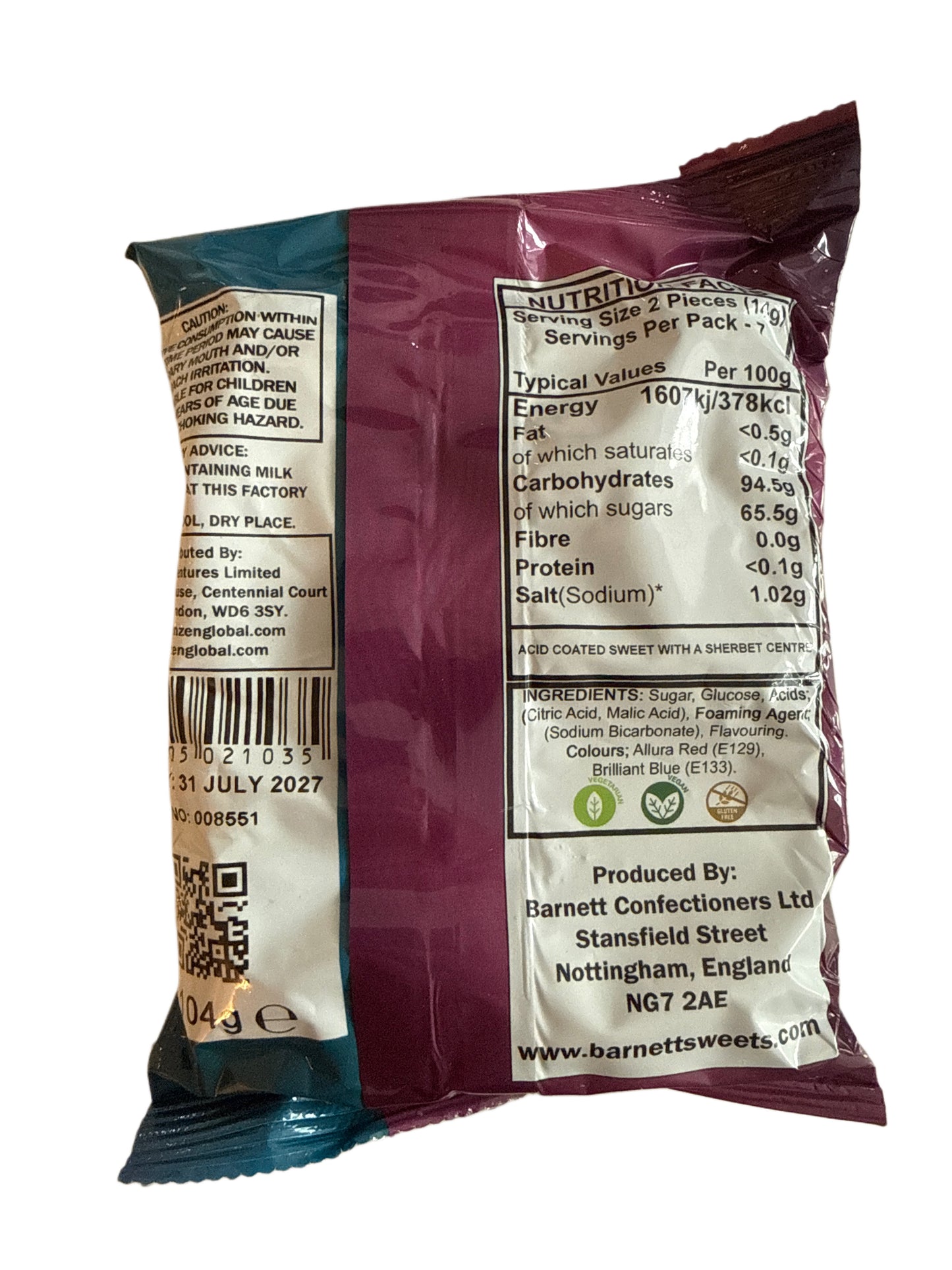 Barnetts Mega Sour Bubblegum Flavoured Candy 104G - U.K Edition