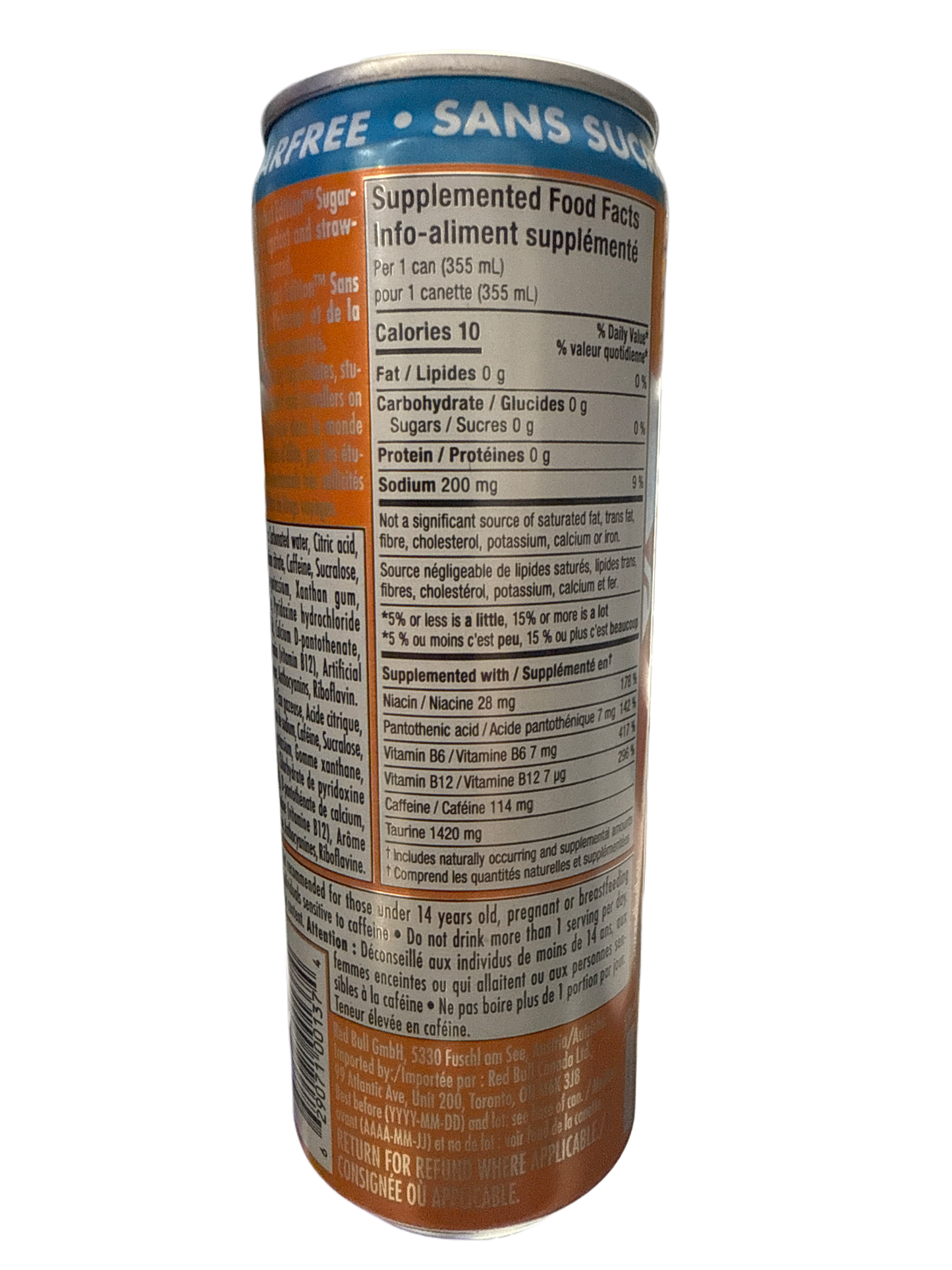 Red Bull Sans Sucre Saveur Abricot Fraise 355ML - Canadian Edition