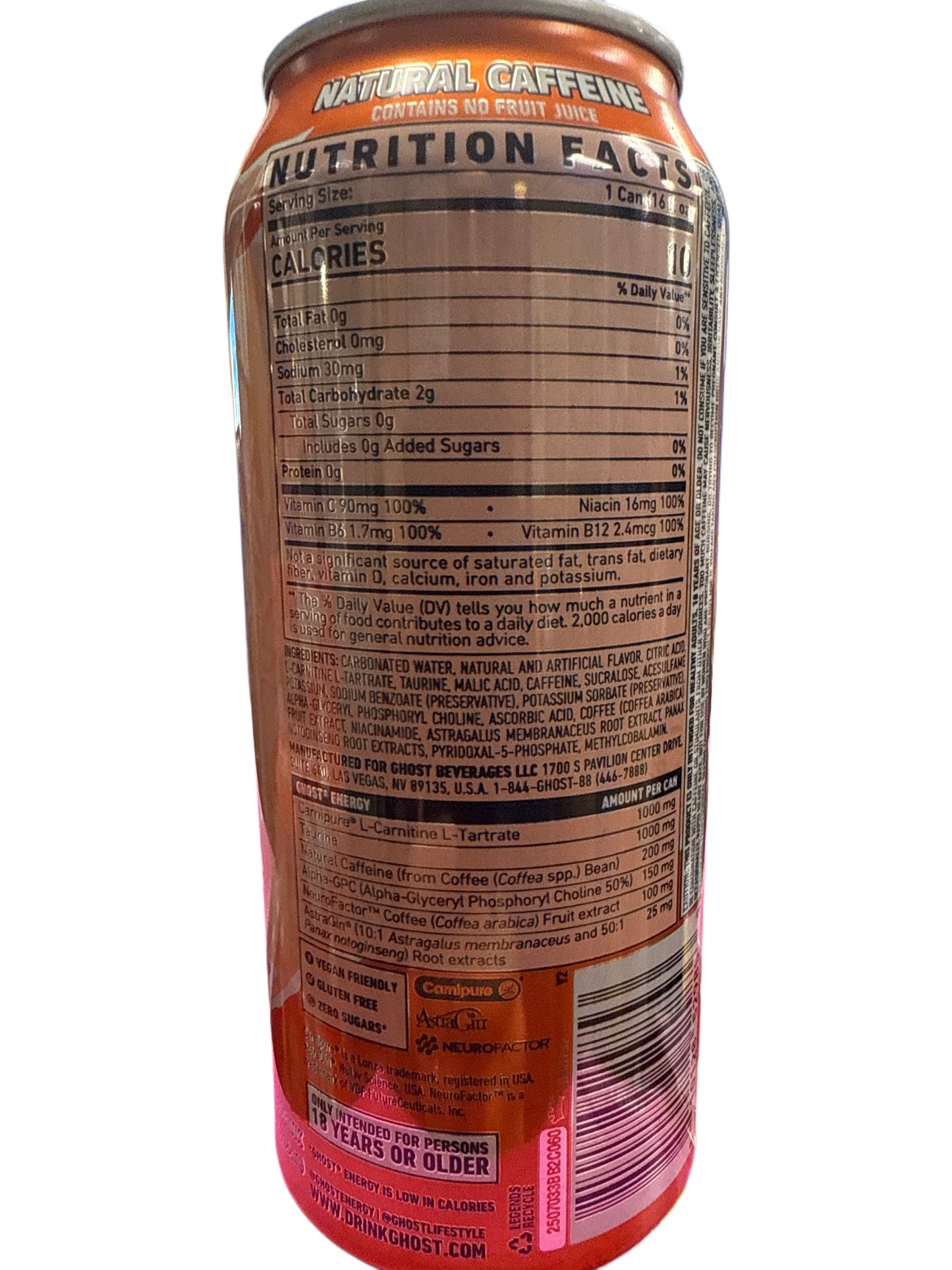 Bebida Energética Ghost Zero Azúcar Duraznos 473ML - Edición EE. UU.