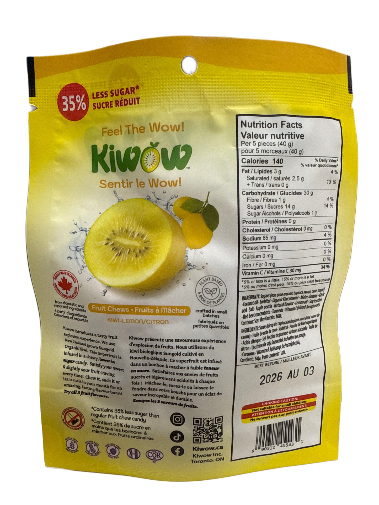 Kiwow Nutritional Kiwi Chews Lemon Flavour 50G - Canadian Edition