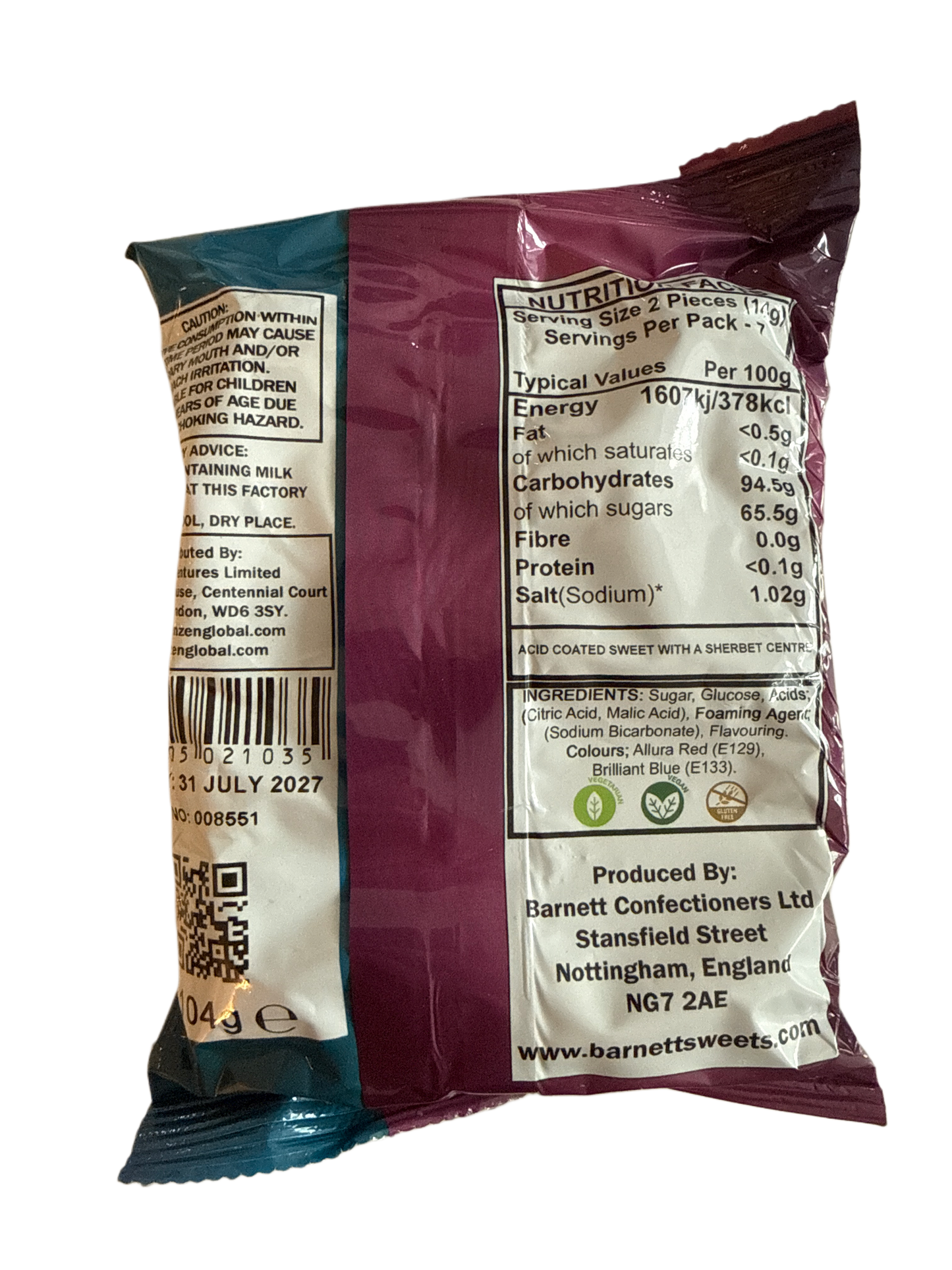 Barnetts Mega Sour Bubblegum Flavoured Candy 104G - U.K Edition