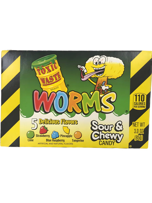 Toxic Waste Worms Sour & Chewy Candy Theatre Box 3OZ - BB 02/24 - Extreme Snacks