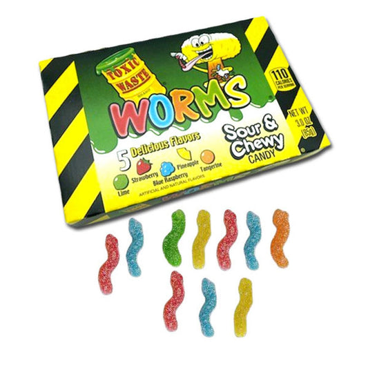 Toxic Waste Worms Sour & Chewy Candy Theatre Box 3OZ - Extreme Snacks